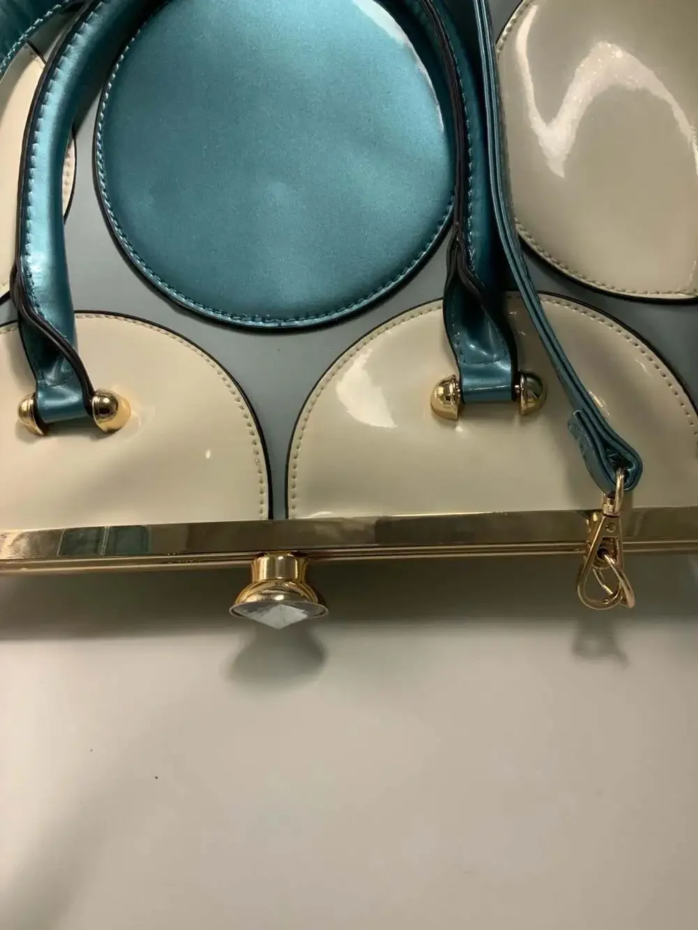 Retro Blue and White Polka Dot Kiss Lock Frame Satchel Handbag
